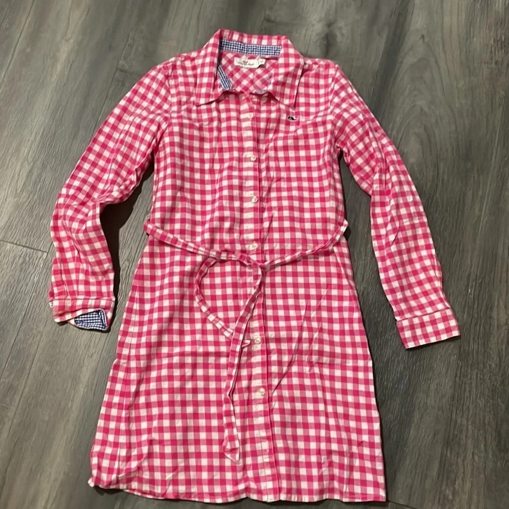 Vineyard Vines Pink Gingham Long sleeve shirt dress with tie belt size 12
